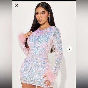 Sequin Long Sleeve Mini Dress with Feather Cuffs